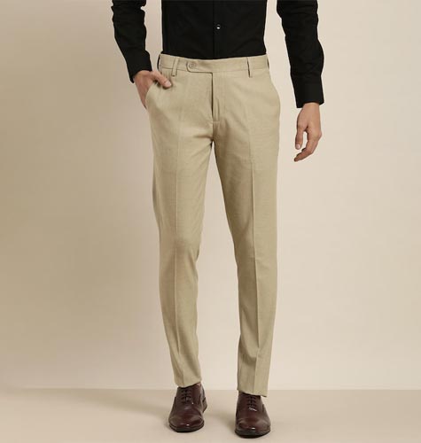 Men Beige Solid Regular Fit Formal Trousers